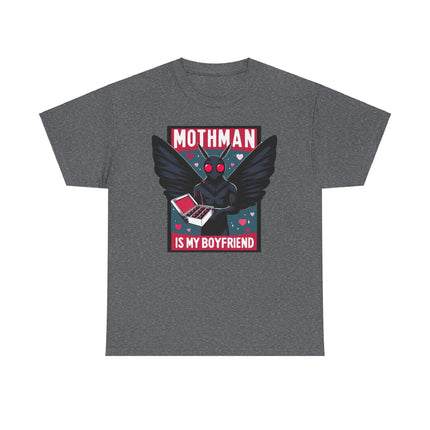 This tee depicts a square picture of Mothman standing between the words "Mothman is my boyfriend" and Mothman is holding a box of chocolates. This tee is gray