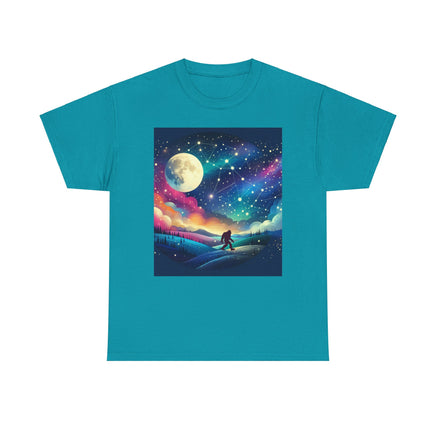 Soft cotton tee featuring a cosmic-themed Bigfoot graphic, perfect for cryptid fans who love a touch of the mysterious universe.