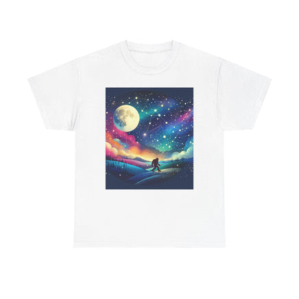 Soft cotton tee featuring a cosmic-themed Bigfoot graphic, perfect for cryptid fans who love a touch of the mysterious universe.