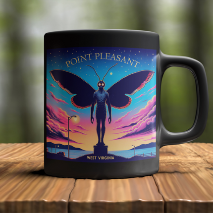 Ceramic mug featuring a graphic inspired by the mysterious Point Pleasant and its legendary Mothman, perfect for enjoying your favorite hot beverages.