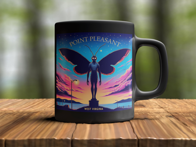 Ceramic mug featuring a graphic inspired by the mysterious Point Pleasant and its legendary Mothman, perfect for enjoying your favorite hot beverages.