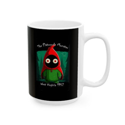 Ceramic mug featuring a whimsical graphic of the Flatwoods Monster, perfect for enjoying your favorite beverages while celebrating cryptid lore.