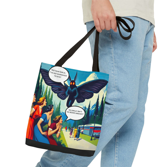 Stylish canvas tote bag featuring a whimsical Dreamy Mothman design, perfect for carrying essentials while showcasing your love for cryptid lore.