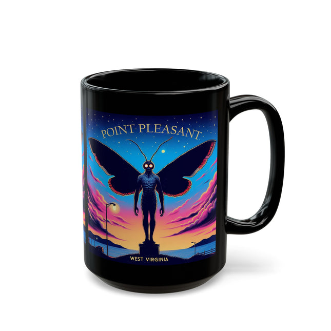 Ceramic mug featuring a graphic inspired by the mysterious Point Pleasant and its legendary Mothman, perfect for enjoying your favorite hot beverages.