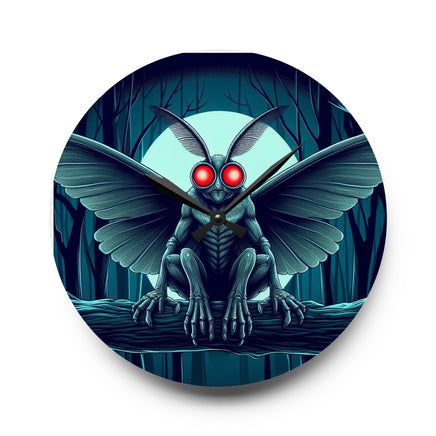 Unique wall clock featuring a mysterious Mothman perched in a tree, perfect for adding a touch of cryptid lore to your home decor.