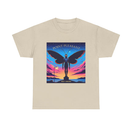 Soft cotton tee featuring a graphic inspired by the legendary Point Pleasant Mothman, perfect for cryptid lovers.