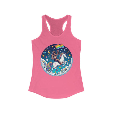 Stylish tank top featuring a vibrant Bigfoot graphic with pride elements, perfect for celebrating love for cryptids and individuality.