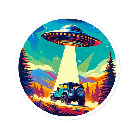 Durable vinyl sticker featuring a fun graphic of a UFO and a Jeep, perfect for personalizing your vehicle, laptop, or water bottle.