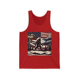 Comfortable tank top featuring a bold Bigfoot design with patriotic elements, perfect for cryptid enthusiasts celebrating their love for the USA.