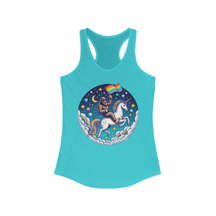 Stylish tank top featuring a vibrant Bigfoot graphic with pride elements, perfect for celebrating love for cryptids and individuality.