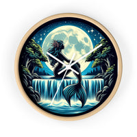 Enchanting wall clock featuring a beautiful mermaid design by a waterfall, perfect for adding a touch of whimsy and charm to your home decor.