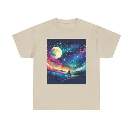 Soft cotton tee featuring a cosmic-themed Bigfoot graphic, perfect for cryptid fans who love a touch of the mysterious universe.