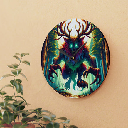 Unique wall clock featuring a haunting Wendigo design, perfect for adding a touch of folklore and style to your home decor.