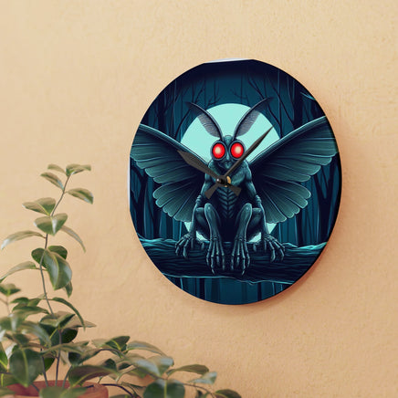 Unique wall clock featuring a mysterious Mothman perched in a tree, perfect for adding a touch of cryptid lore to your home decor.