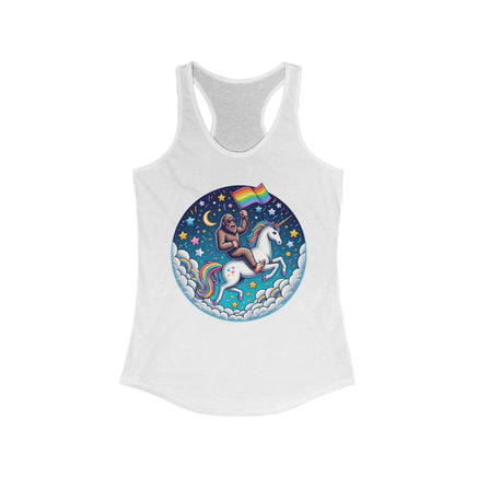 Stylish tank top featuring a vibrant Bigfoot graphic with pride elements, perfect for celebrating love for cryptids and individuality.