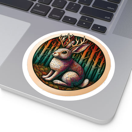 High-quality vinyl sticker showcasing a fun and mythical Jackalope design, perfect for adding personality to your laptop, water bottle, or other surfaces.